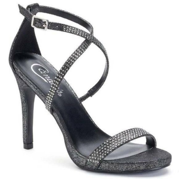 Womens Suede Pumps Candies Black Rhinestone 9 High Heels Ankle Strap Padded - Picture 1 of 8